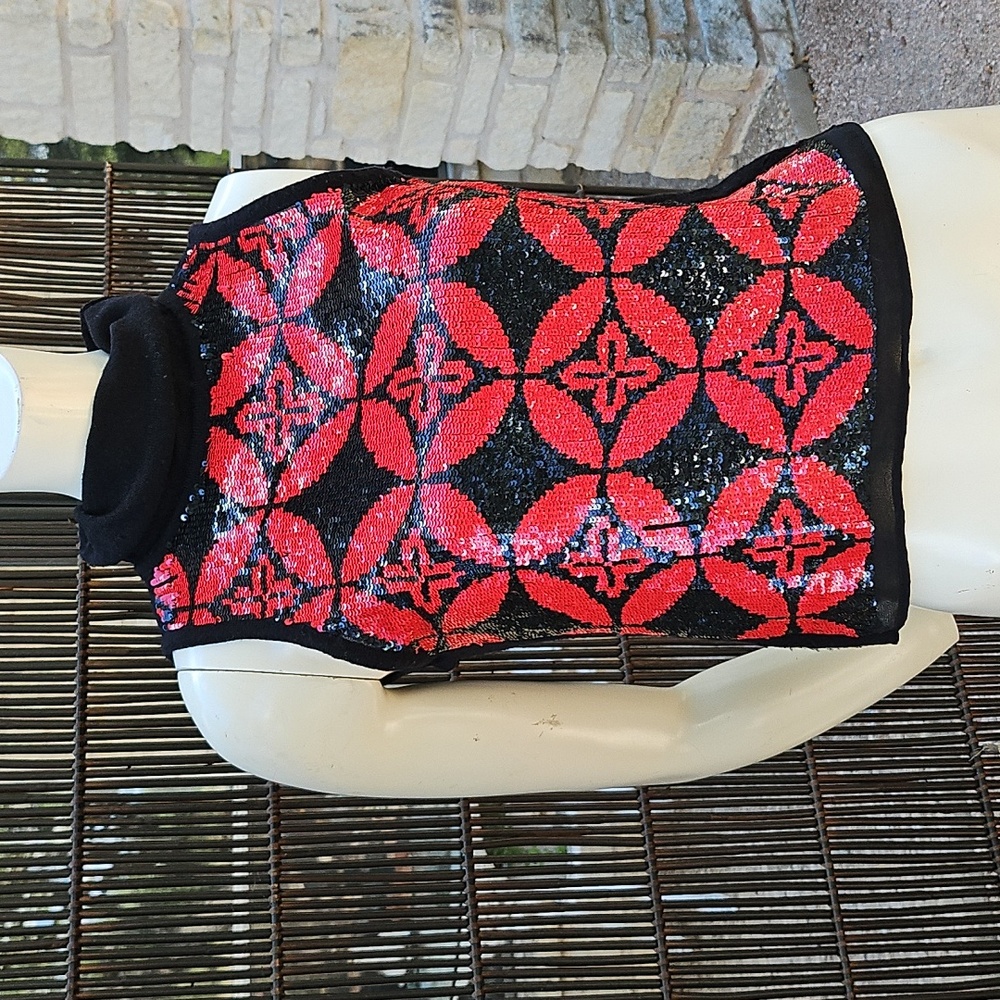 CUSTO Barcelona Red Black Sequin Geometric 70% Wool Sleeveless Tank Sweater 2 Sm